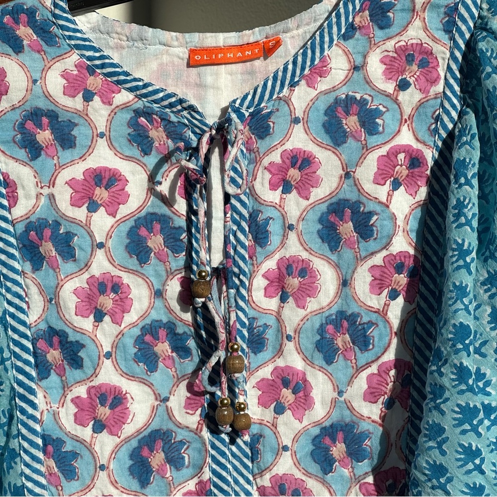 Oliphant India Cotton Ballon Sleeve Boho Mini Dress Size S Blue Pink Floral - Picture 3 of 13